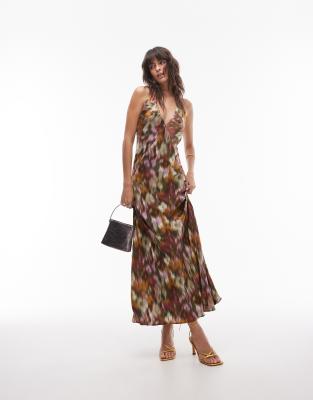 Topshop Deep V Open Back Midi Dress In Blurred Floral-multi