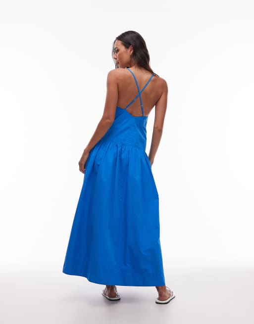 Topshop deep v poplin midi dress in deep blue, 2 of 4