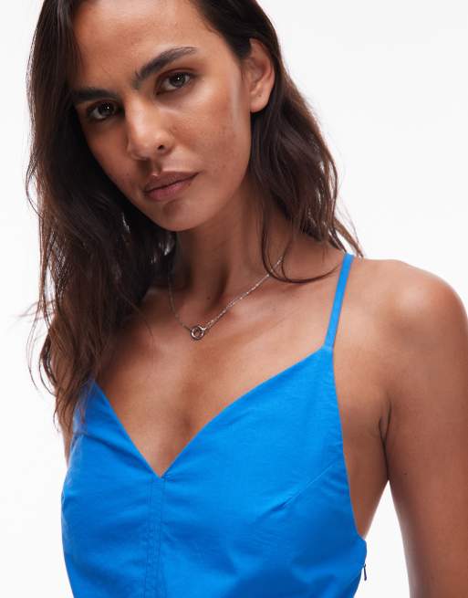 Topshop deep v poplin midi dress in deep blue, 3 of 4