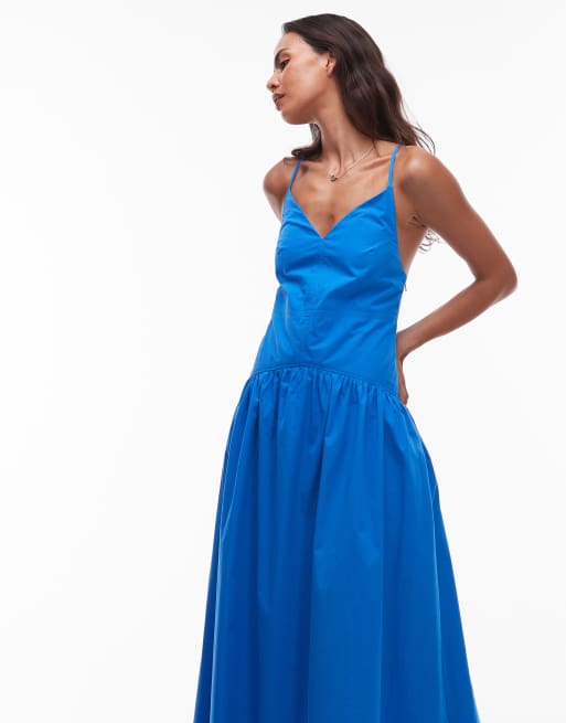 Topshop deep v poplin midi dress in deep blue | ASOS