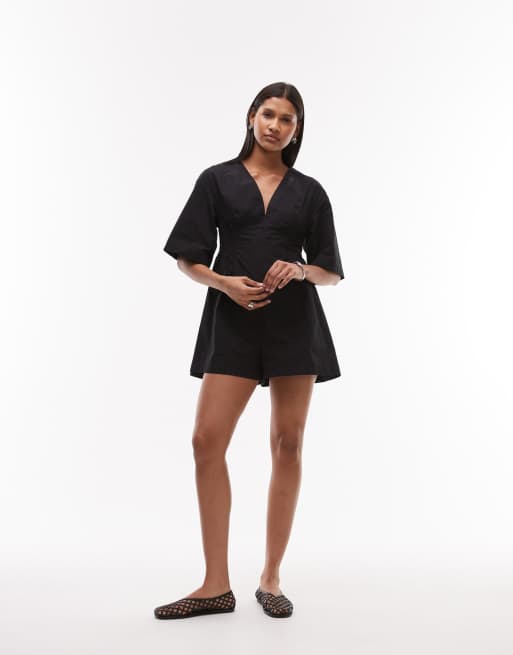 Topshop deep v romper in black