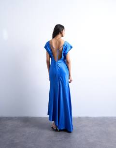 Model wearing Deep v tucked side satin midi dress in electric blue