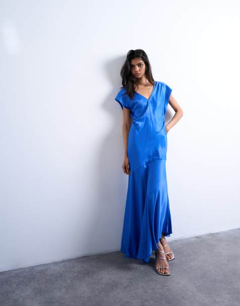 Topshop deep v tucked sides satin midi dress in electric blue - view 1