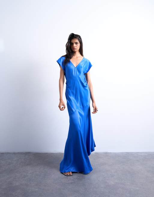 Topshop deep v tucked sides satin midi dress in electric blue ASOS