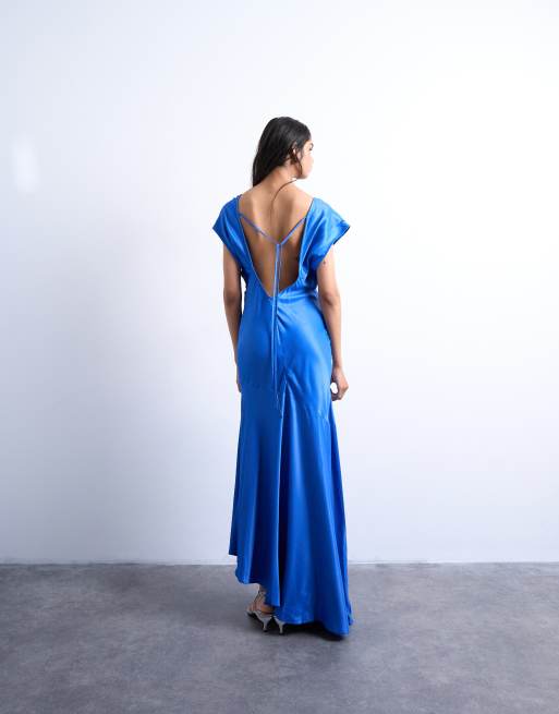 Topshop deep v tucked sides satin midi dress in electric blue
