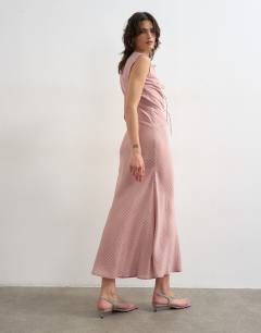 Model wearing Delicate tie front dress in pink stripe