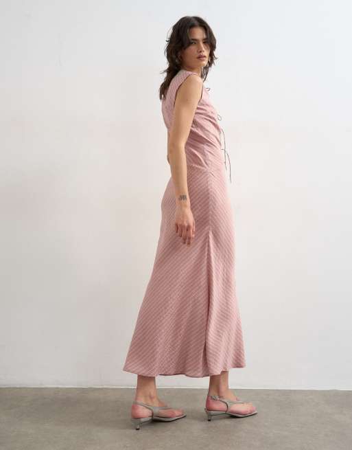 Topshop delicate tie front maxi dress with lace insert in pink stripe, 3 of 4
