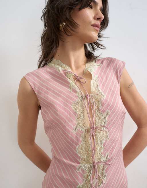 Topshop delicate tie front maxi dress with lace insert in pink striped print, 2 of 4