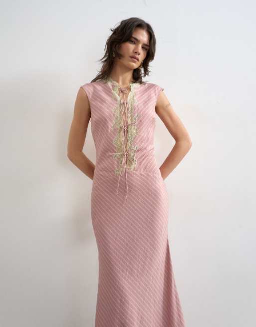 Topshop delicate tie front maxi dress with lace insert in pink striped print, 4 of 4