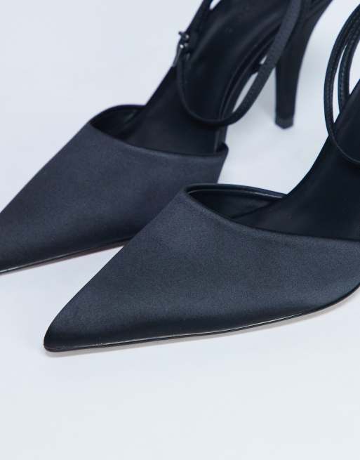 Topshop Demi cone heel court shoe with tie in black, 3 of 4