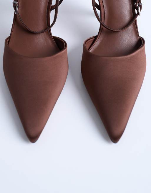 Topshop Demi cone high heel court shoe with tie in chocolate, 2 of 4