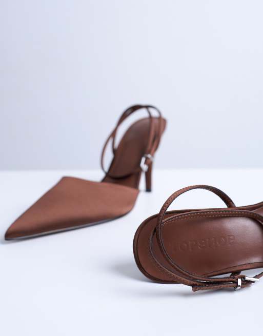 Topshop Demi cone high heel court shoe with tie in chocolate, 3 of 4