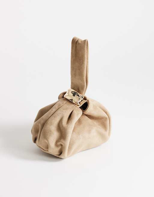 Topshop Demi small suedette hardware wristlet grab bag in mink, 2 of 4