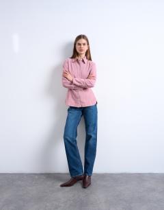 Model wearing Denim 70s collar shirt in pink cord