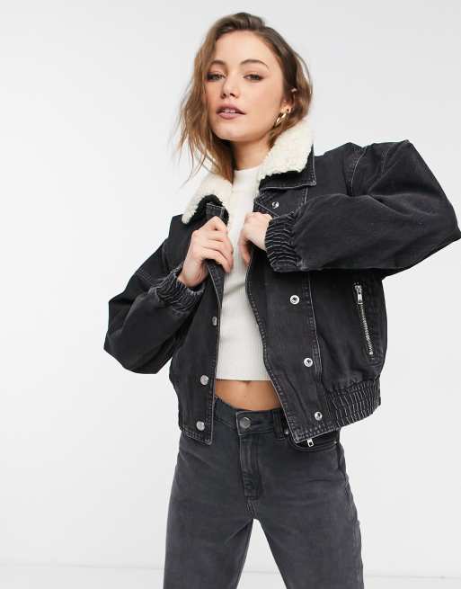 Topshop denim 80's ski borg jacket in washed black | ASOS