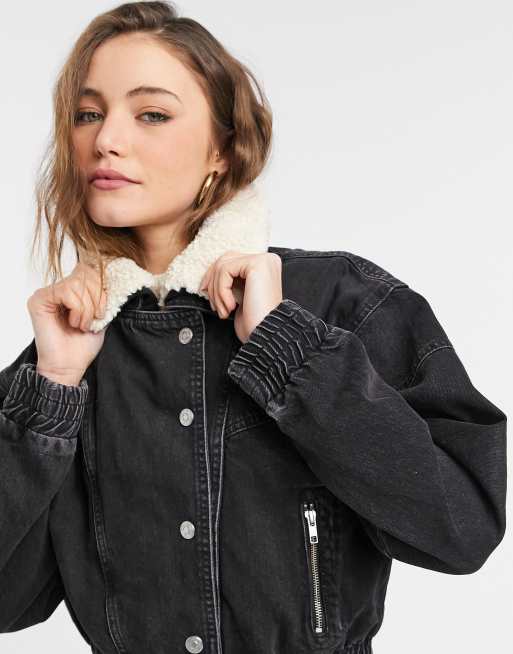 Topshop black denim jacket with clearance fur