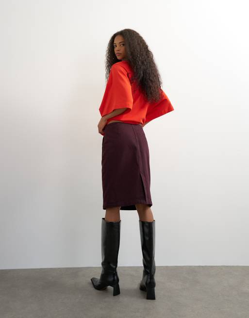 Topshop denim 90s lågmidjad pennkjol i aubergine, 3 av 5