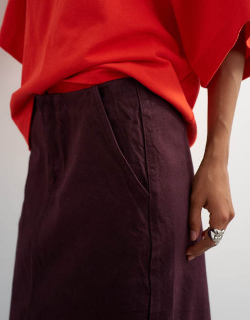 Topshop denim 90s lågmidjad pennkjol i aubergine, 4 av 5