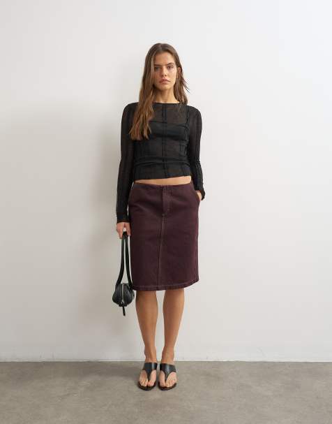Topshop denim 90s low rise pencil skirt in aubergine