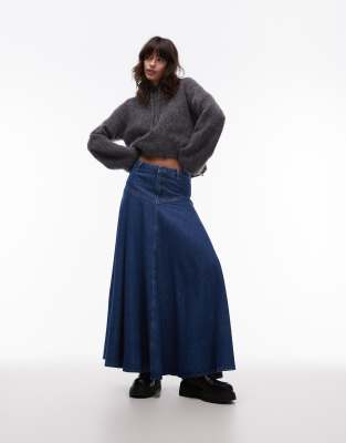 Topshop Topshop denim A-line full skirt in mid blue