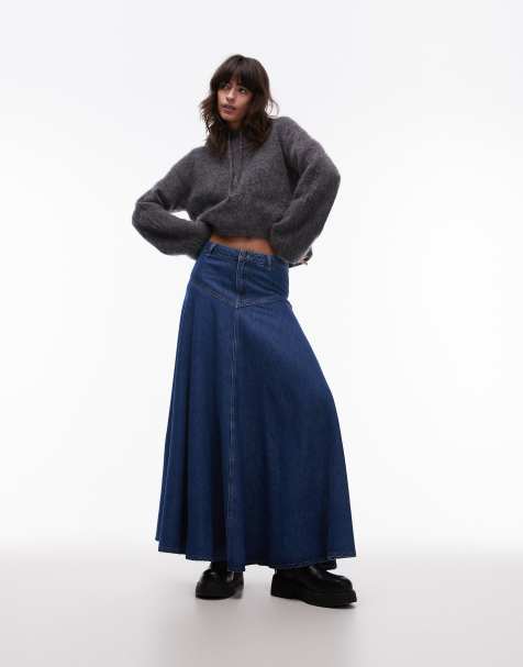 Topshop denim A-line full skirt in mid blue - view 1
