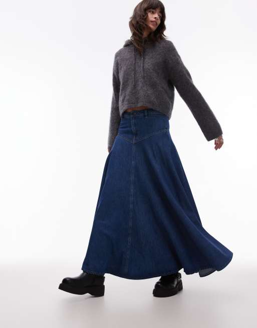 Topshop denim A-line full skirt in mid blue, 3 of 5