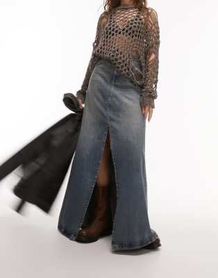 denim a-line maxi skirt in authentic blue