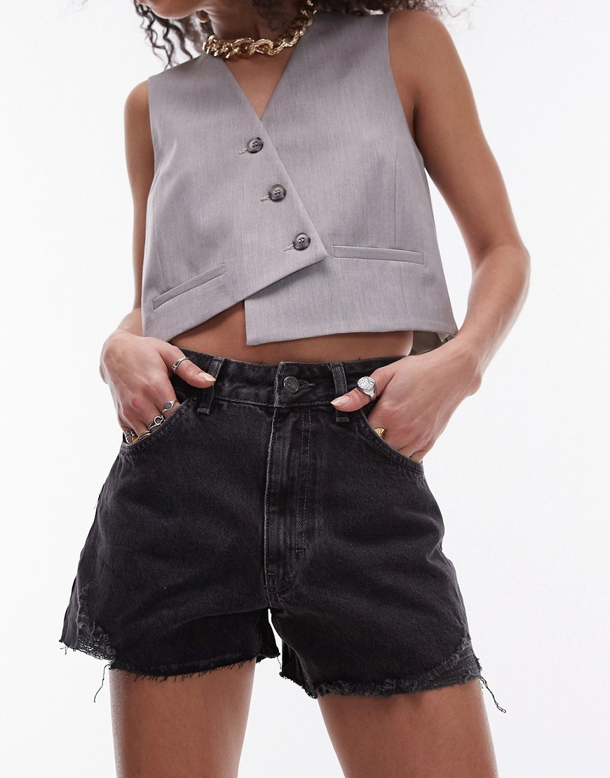 denim a-line mom short with rips in washed black