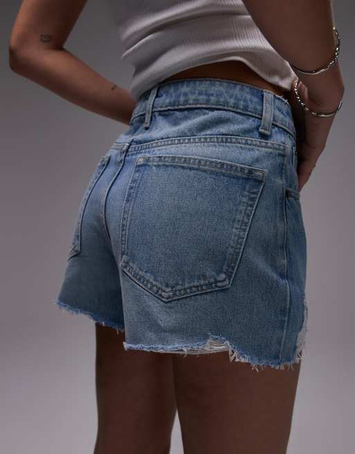 Topshop denim A-line mom shorts with rip in bleach