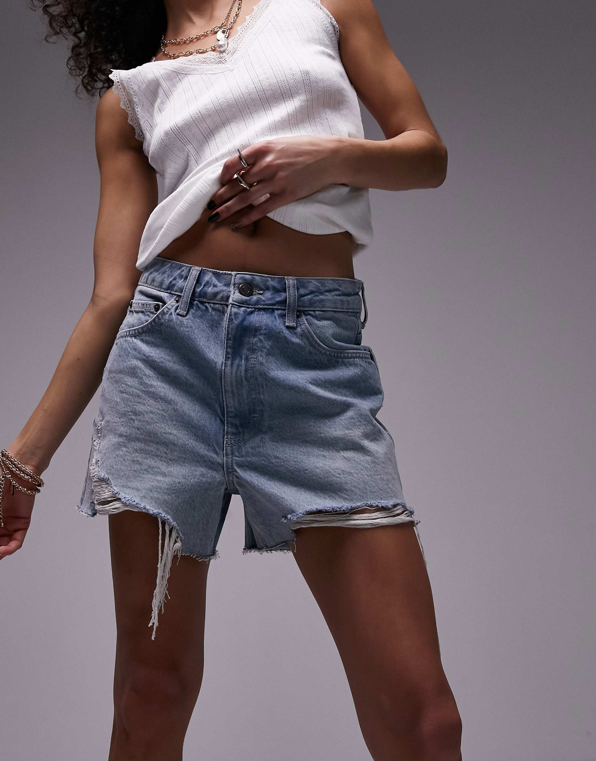 topshop denim a-line mom shorts with rip in vintage blue