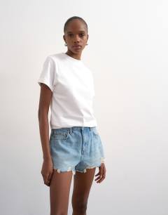 Denim A-line shorts with rip in bleach
