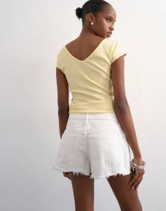 Model wearing Denim A-line shorts with rip in white