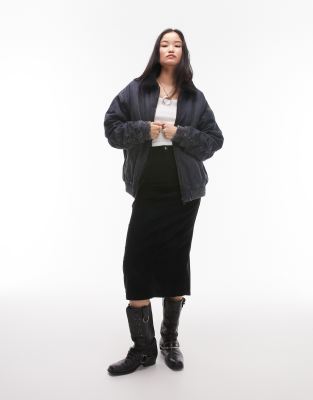 Topshop Denim And Borg Bomber Jacket In Dark Blue