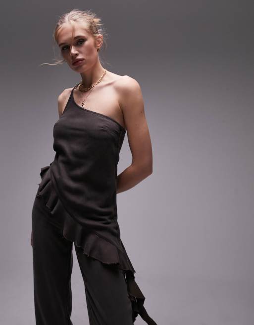 Topshop denim asymmetric cami top with ruffle hem in brown twill - part of a set 