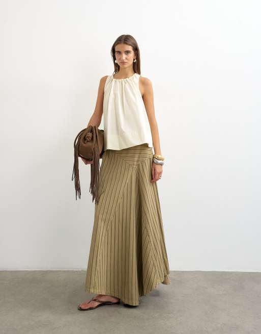 Topshop denim asymmetric drop waist maxi skirt in khaki stripe, 3 of 5