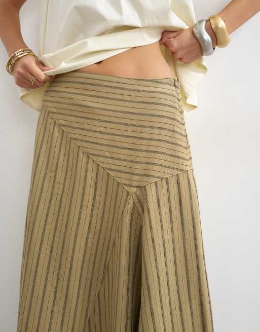 Topshop denim asymmetric drop waist maxi skirt in khaki stripe, 5 of 5