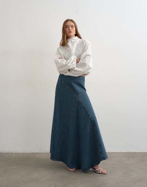 Topshop denim asymmetric dropped waist maxi skirt in blue gray - view 1