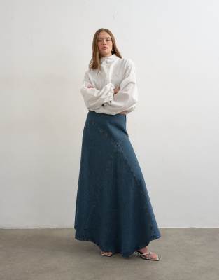 Denim asymmetric dropped waist maxi skirt in blue grey