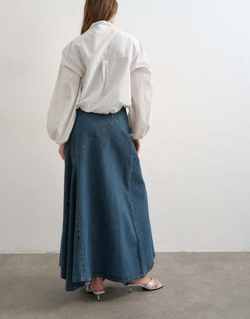 Topshop denim asymmetric dropped waist maxi skirt in blue grey, 5 of 5