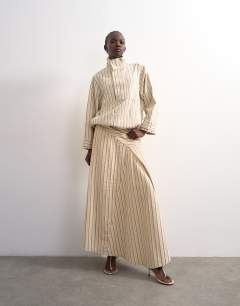 Denim asymmetric dropped waist maxi skirt in ecru stripe