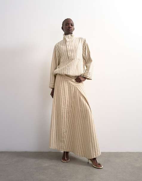 Topshop denim asymmetric dropped waist maxi skirt in ecru stripe