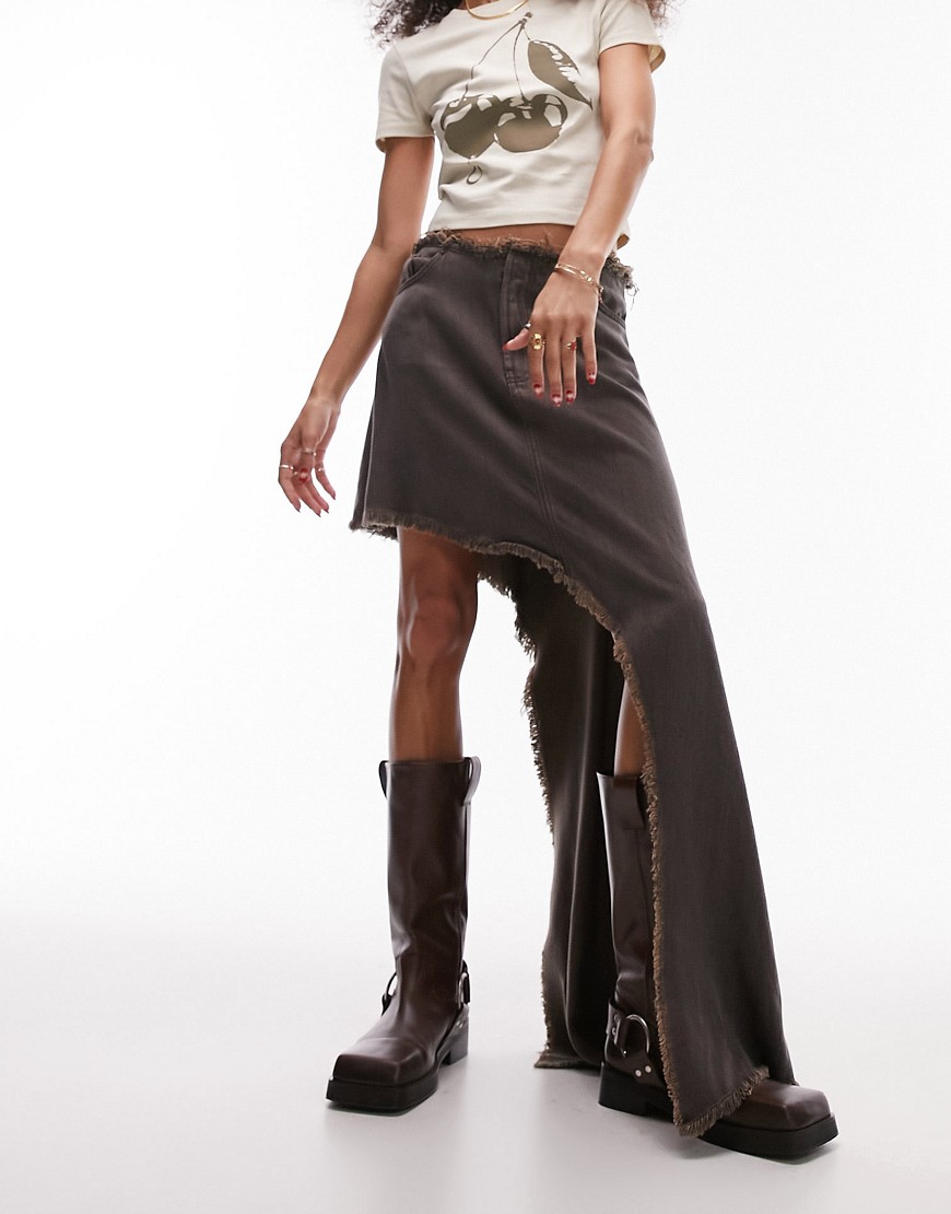 Topshop denim asymmetric mini skirt in brown