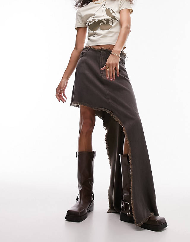 Topshop - denim asymmetric mini skirt in brown