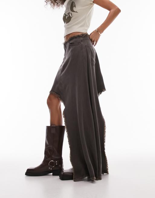 Topshop denim asymmetric mini skirt in brown, 4 of 4
