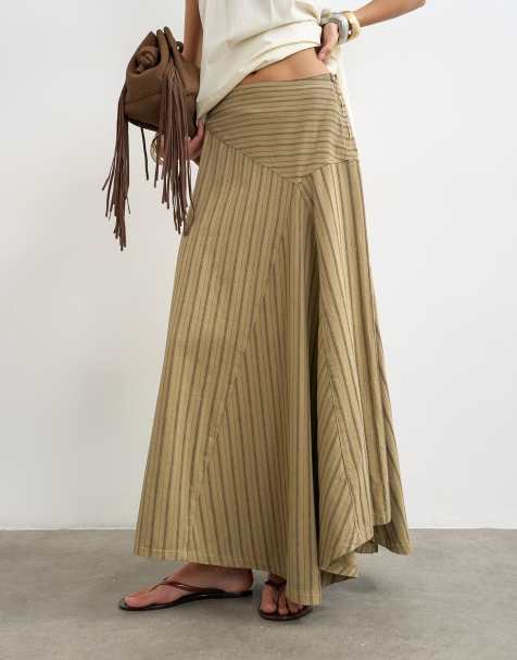 Topshop denim asymmetrische maxirok met verlaagde taille in kaki streep - view 1