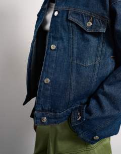 Model wearing Denim balloon jacket in indigo rinse