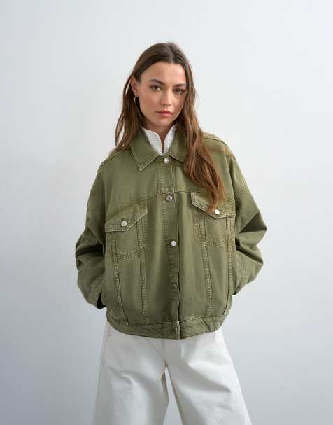 Topshop denim balloon jacket in olive green - view 1