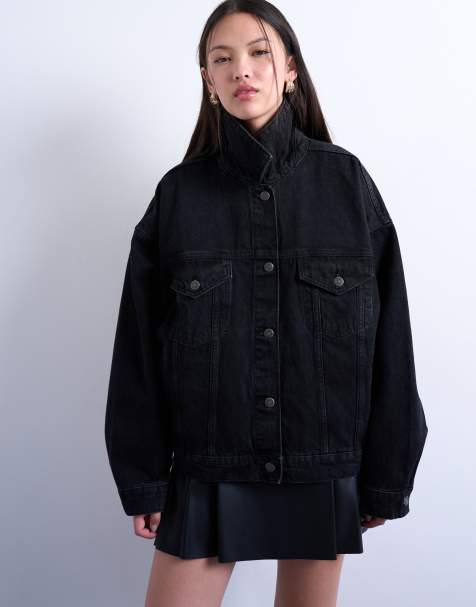 Topshop denim balloon sleeve oversized jacket in washed black - view 1