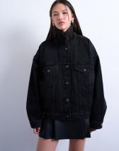 ASOS EDITION denim bomber jacket with tab sleeve detail in washed black