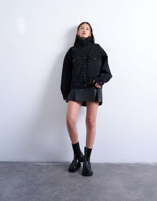 Topshop denim balloon sleeve oversized jacket in washed black